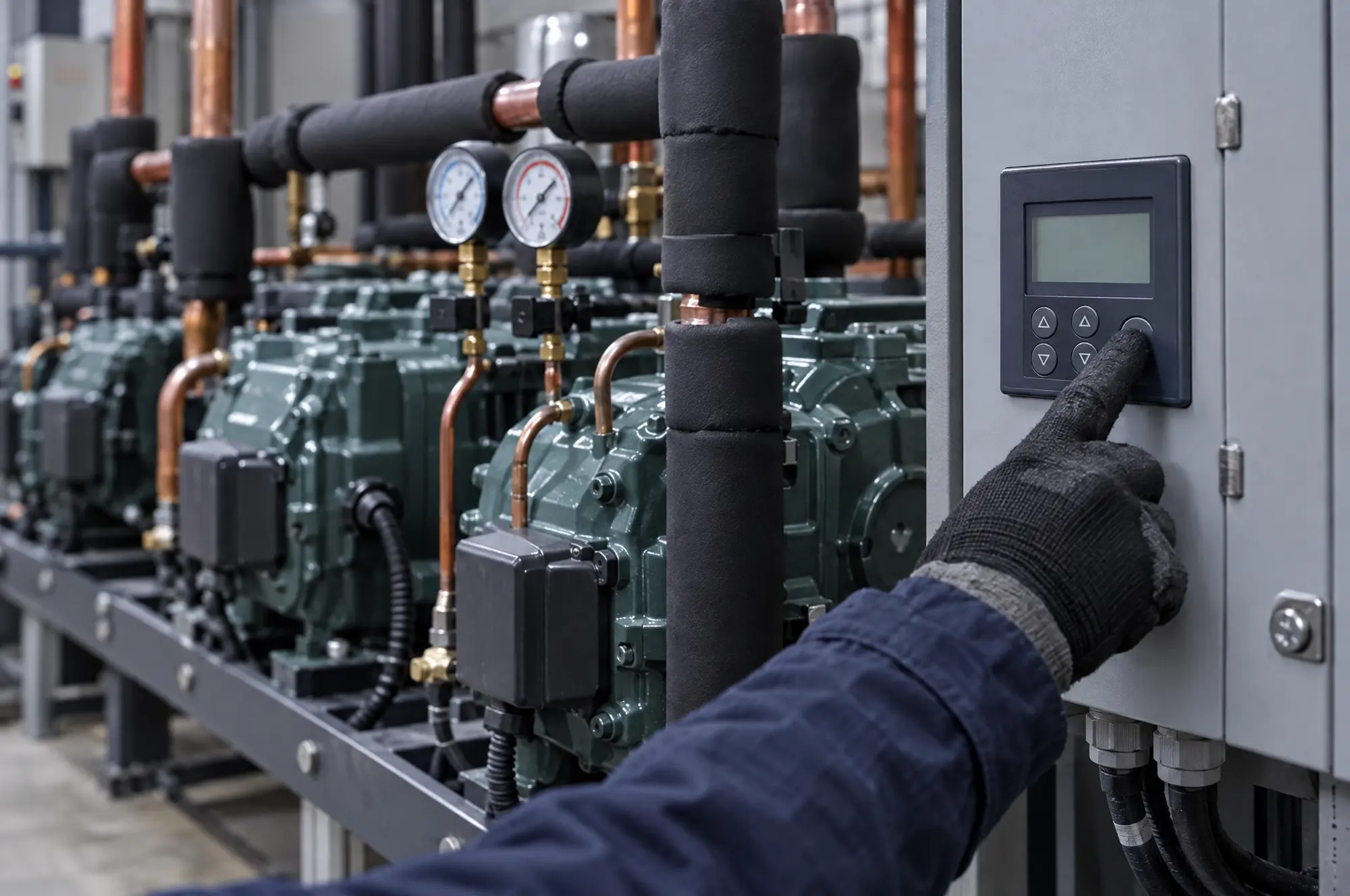 Un technicien règle le régulateur d’une centrale de compresseurs frigorifiques.