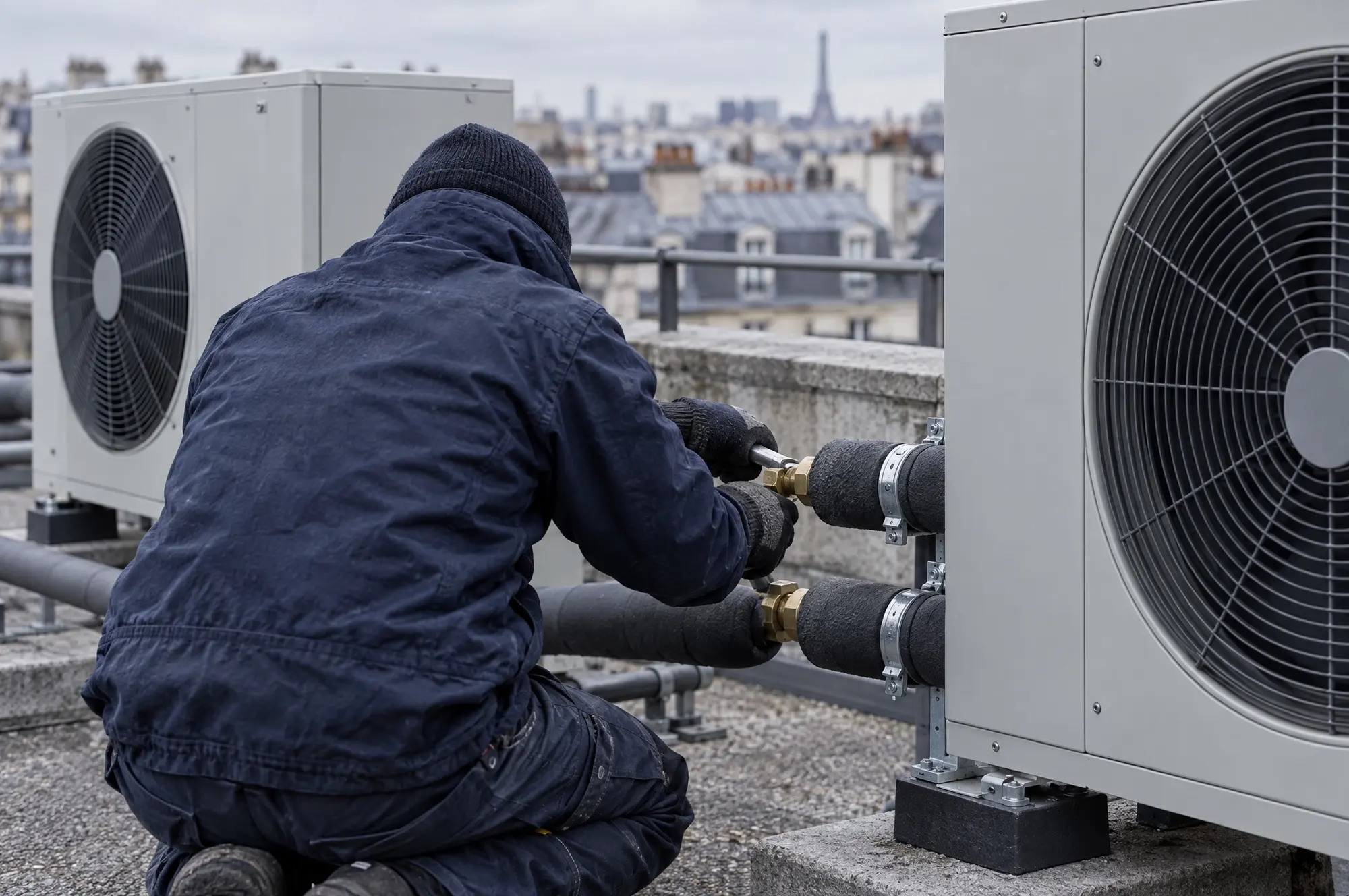 Un technicien raccorde des pompes à chaleur air/eau installées sur le toit d’un immeuble.