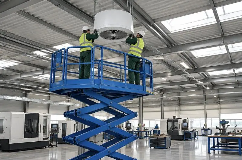 Deux poseurs sur une nacelle fixent un déstratificateur sous la toiture d’un atelier de production.