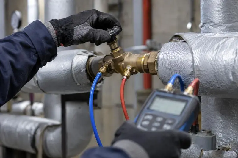 Un technicien mesure le débit sur une vanne d’équilibrage, en chaufferie d’immeuble.
