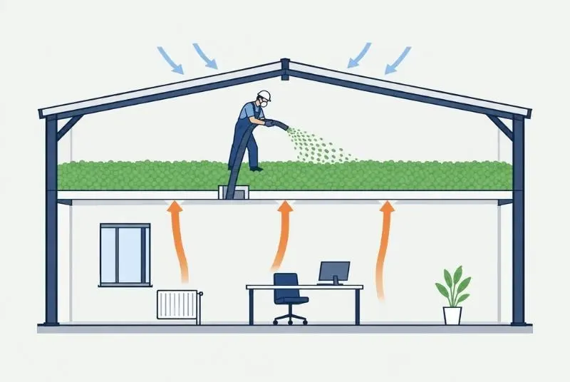 Schéma : un technicien souffle un isolant sur le plancher des combles ; la chaleur du bureau situé dessous ne s’échappe plus par la toiture.