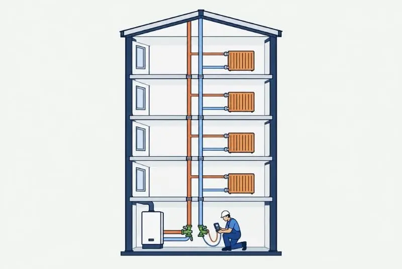 Schéma : dans un immeuble de quatre étages, un technicien règle les vannes d’équilibrage au pied des colonnes ; tous les radiateurs chauffent de la même façon.