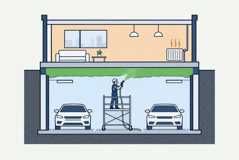 Schéma : dans un parking souterrain, un technicien projette un isolant au plafond, sous le plancher du rez-de-chaussée chauffé.