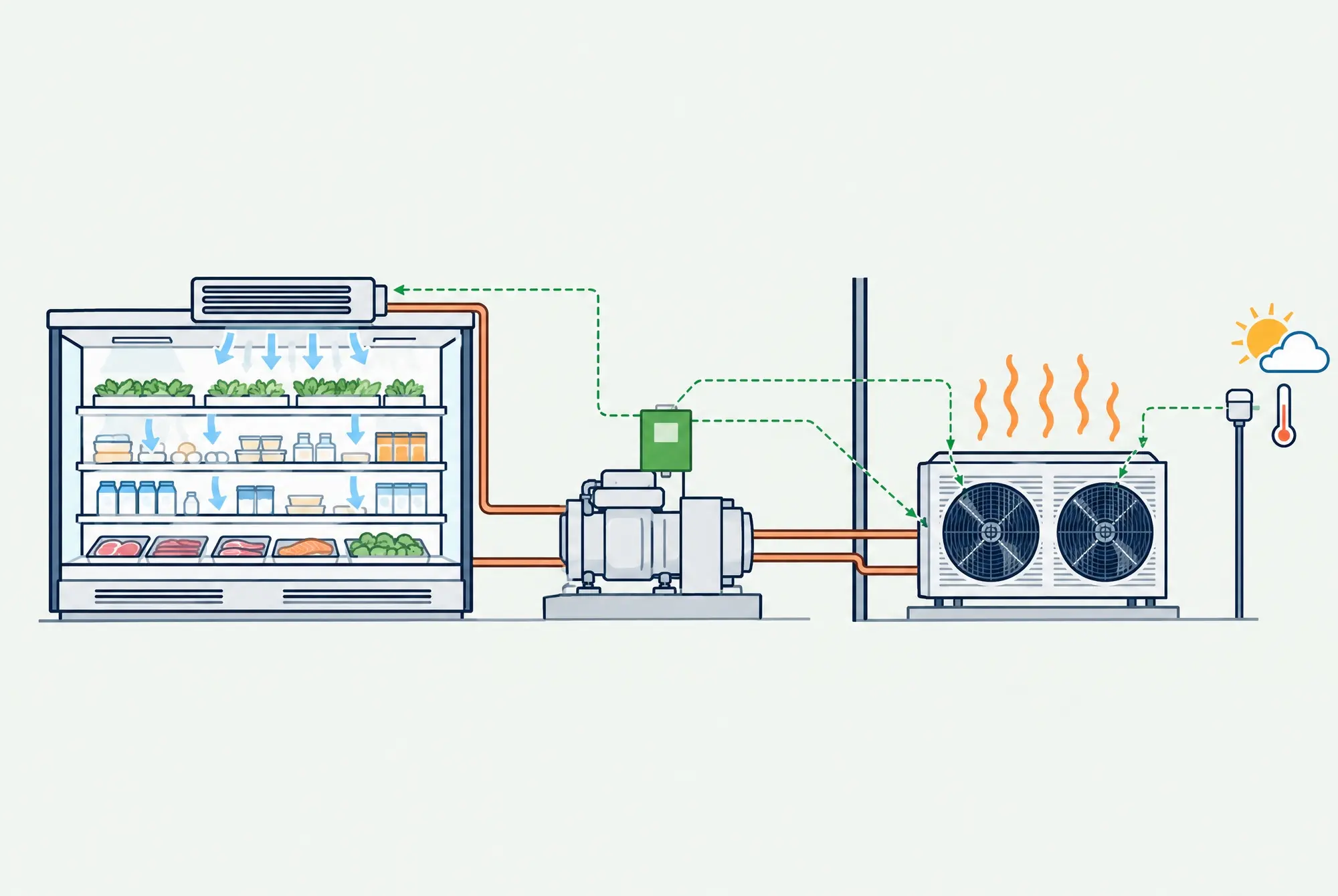Schéma : un régulateur, relié à une sonde extérieure, au condenseur et à l’évaporateur d’un meuble frigorifique, ajuste les pressions du groupe froid.