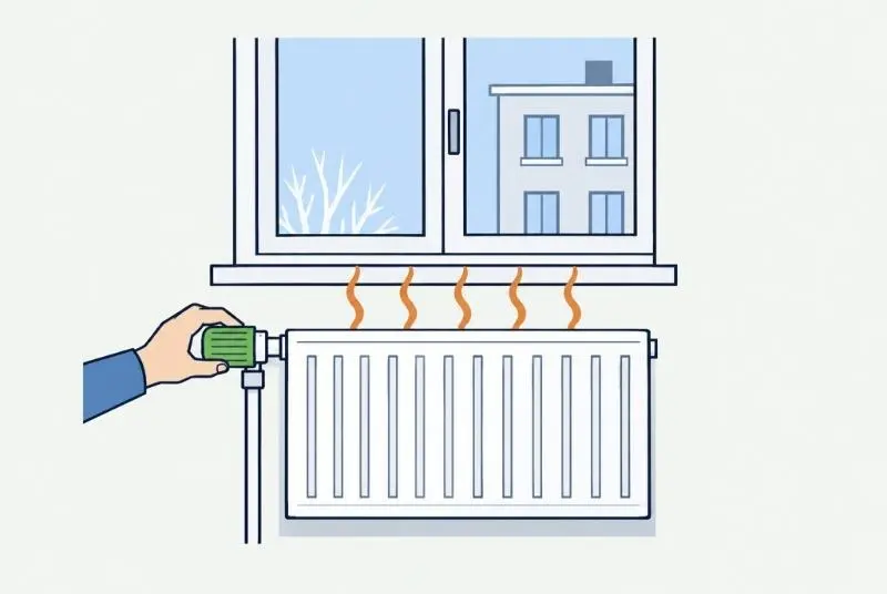 Schéma : une main règle la tête thermostatique d’un radiateur placé sous une fenêtre.