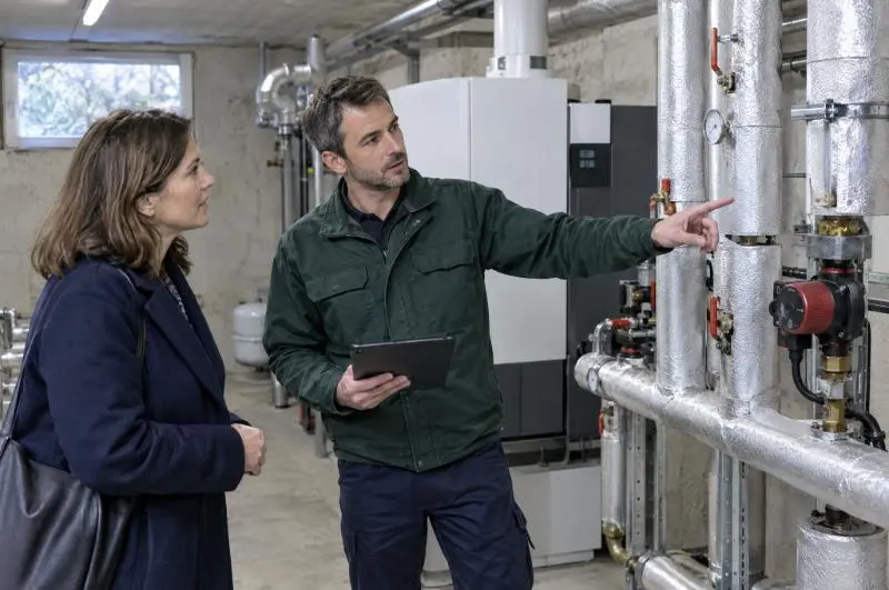 Un technicien, tablette à la main, présente une installation de chaufferie à la responsable du bâtiment.